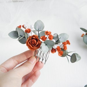 Terracotta flowers hair piece Bridal eucalyptus hair comb Rust Floral hair accessories for bride Fall hair pins set Maxi comb 5.5"