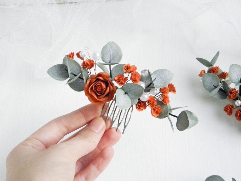 Terracotta flowers hair piece Bridal eucalyptus hair comb Rust Floral hair accessories for bride Fall hair pins set Maxi comb 5.5"