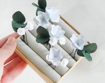 Dusty Blue Hydrangea Flower Hair Pins, Eucalyptus Hair Accessories For Bride, Bridal Floral headpiece