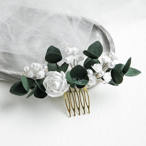 Pente de cabelo de noiva de eucalipto, acessório de cabelo floral para casamento, flores e rosas