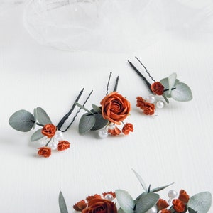 Terracotta wedding hair pins Eucalyptus bridal hair comb Fall floral headpiece for bride Greenery bridal hair piece