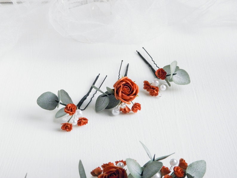 Terracotta wedding hair comb Eucalyptus bridal hair piece Fall flowers hair pins Floral headpiece for bride image 5