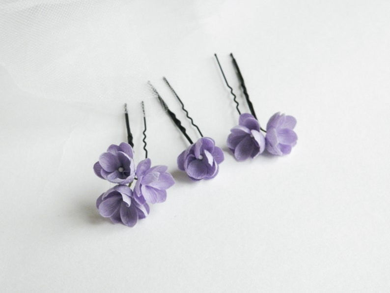 Lilac bridal hair pins with small flowers Floral wedding hair piece Flower headpiece for bride Floral bobby pins image 3