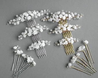 Braut Haarkamm Perle Blume, Hochzeit Haarschmuck für Braut, zarte weiße Blumenkopfschmuck