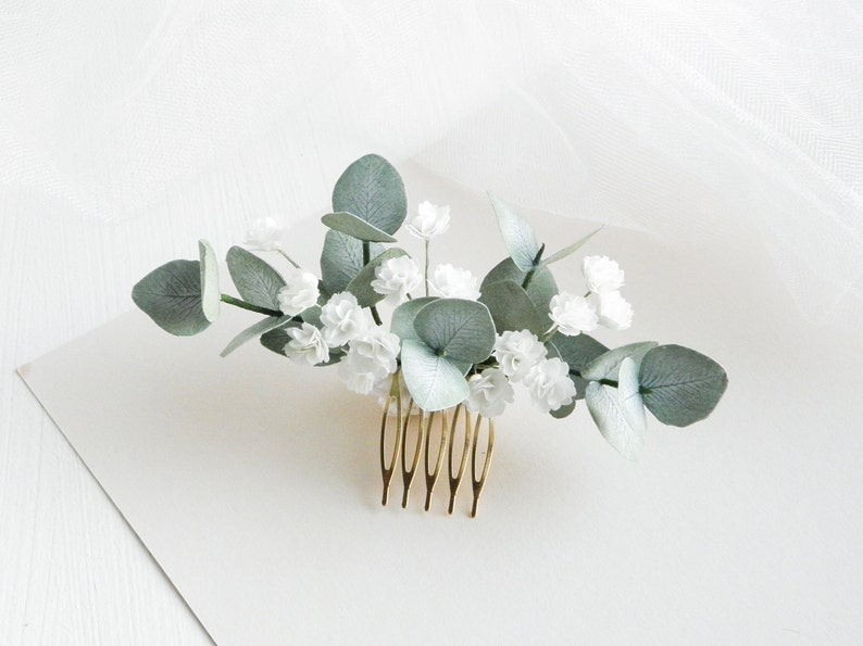 Babies breath Eucalyptus hair comb Wedding headpiece for bride Greenery hair piece Bridal floral hair comb image 1