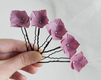 Mauve flower hair piece for weddings Floral bridal pins Hydrangea head piece