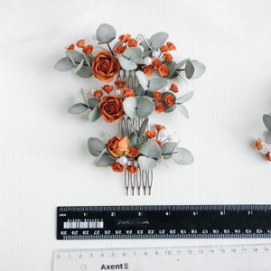 Terracotta flowers hair piece Bridal eucalyptus hair comb Rust Floral hair accessories for bride Fall hair pins set image 7