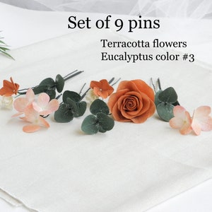 Bridal eucalyptus hair pins Terracotta wedding hair piece Flowers hair pins Floral headpiece image 3
