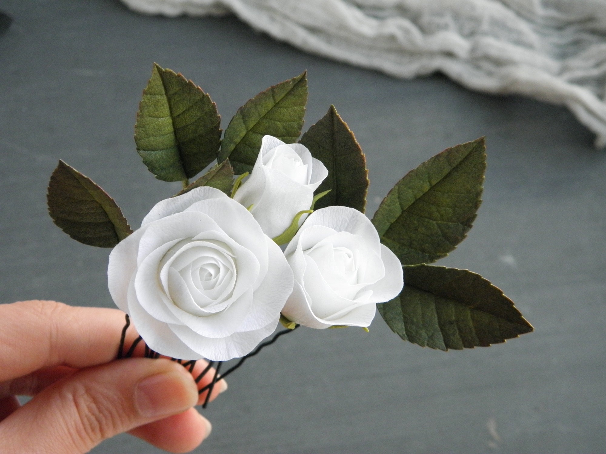 Floral bridal hair piece White roses hair clip wedding Bridal Etsy