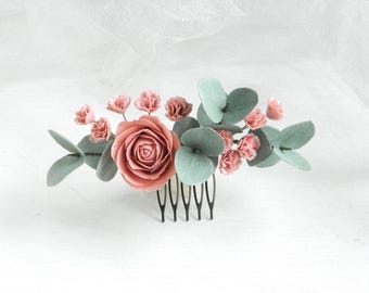 Peineta floral para novia, accesorios para el cabello de boda con eucalipto, rosas rosa empolvado y flor para bebé para la novia