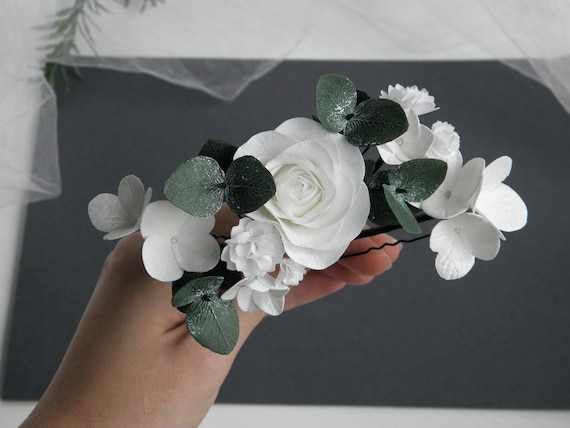 Elegant White Floral Hair Pins Bridal Hair Pin of Ivory Fabric Flowers and Pearls  main image 4