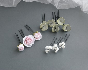 Floral hair pins Eucalyptus bridal hair piece Pink wedding hair accessories for bride Flowers hair clip Rose headpiece