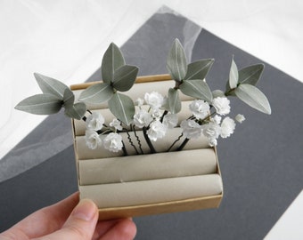 Eucalyptus Babys breath hair piece Flowers hair pins bridal Wedding floral hair pins Gypsophila hair pins