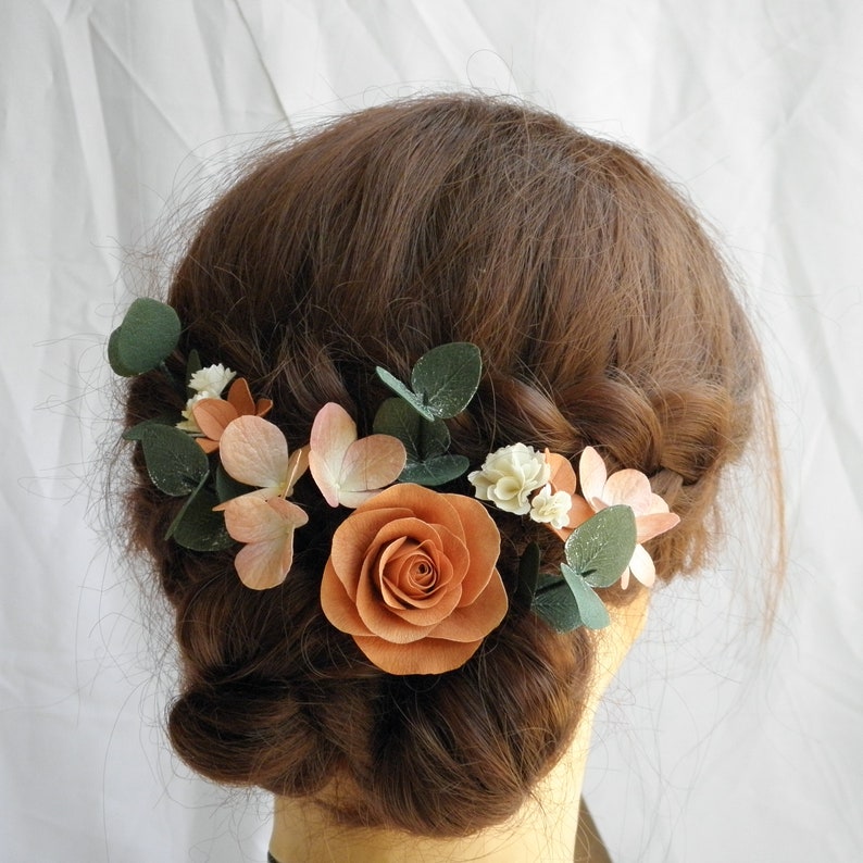 Bridal eucalyptus hair pins Terracotta wedding hair piece Flowers hair pins Floral headpiece image 7