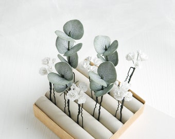 Greenery wedding hair piece Babys breath hair pins Eucalyptus bridal hair piece Floral hair accessories for bride