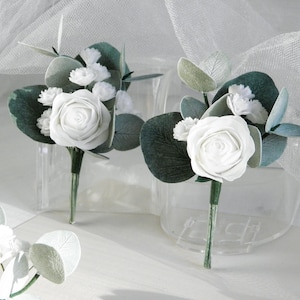 Wedding flower boutonniere for men Bridal eucalyptus babies breath groomsmen