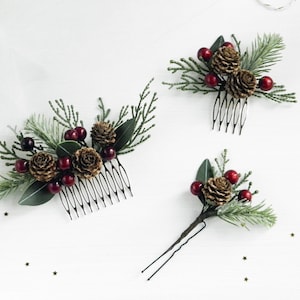 Peigne à cheveux d'hiver Pièce de cheveux de mariage de Noël Épingles à cheveux en pomme de pin Bandeau de mariée vert rouge Peigne à cheveux au pays des merveilles d'hiver