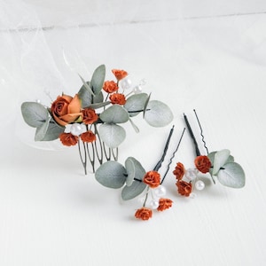 Terracotta wedding hair comb Eucalyptus bridal hair piece Fall flowers hair pins Floral headpiece for bride image 7