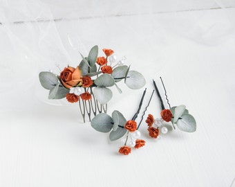 Terracotta flowers hair piece Bridal eucalyptus hair comb Rust Floral hair accessories for bride Fall hair pins set