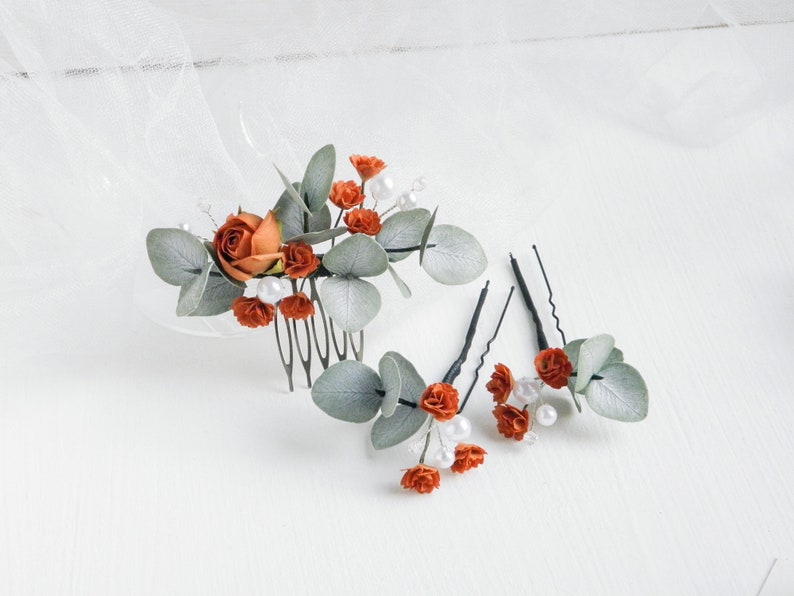 Terracotta flowers hair piece Bridal eucalyptus hair comb Rust Floral hair accessories for bride Fall hair pins set image 1