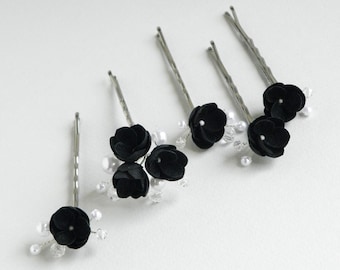 Black Flowers Bridal Hair Pins, Pearl Gothic Headpiece For Bride