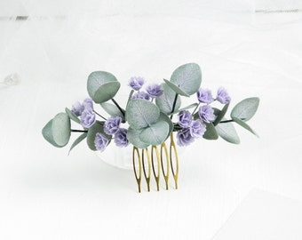 Lilac wedding hair piece Babies breath Eucalyptus bridal hair comb Floral headpiece for bride