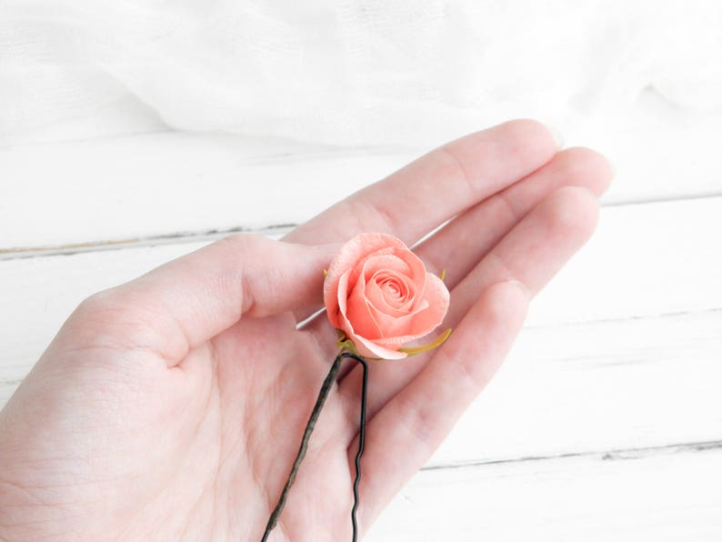 Rose head piece Living coral wedding Real touch flower hair piece Bridal hair pins set 5 Floral hair clip for bride Bridesmaid hair pin