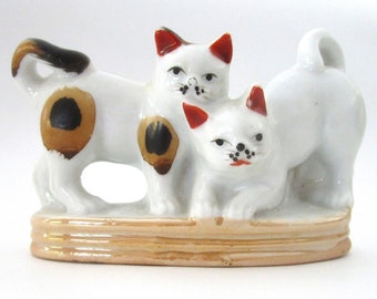 Vintage Porcelain Figurine of Two Cats on a Pedestal, Made in Japan