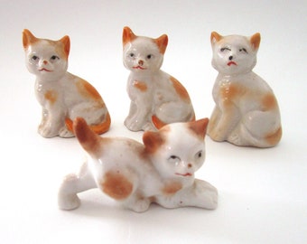 Set of Four Vintage Porcelain Orange and White Cat Figurines, Japan