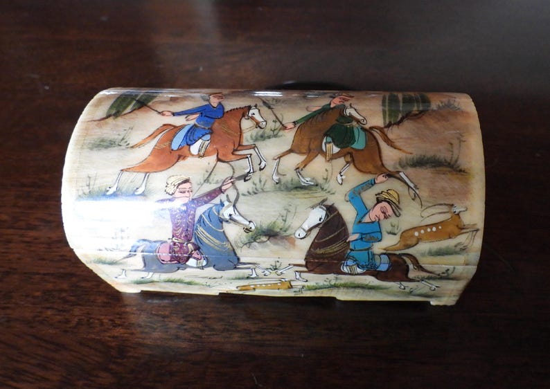 Vintage Persian Hand-Painted Camel Bone Trinket Box with Removeable Inside Shelf image 7