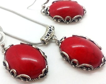 Red Coral Jewelry Set, Red Coral Stone Jewelry, Oval Shape Stone, Red Coral Necklace,Red Coral Earrings, Oval Red Coral Drop Dangle Earrings