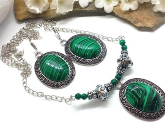 Conjunto de joyas de malaquita, joyería de piedra verde, pendientes de malaquita, collar de malaquita, conjunto de joyas de piedra verde para mujeres, joyería de malaquita