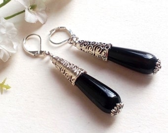 Gold Black Earrings Black Earrings Black Agate Earrings with Rose Quartz Black Black Agate. Bridal Earrings Gift Woman Gift