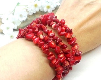 Pulsera de puño de chip de coral rojo, pulsera de alambre de memoria, pulsera de puño de coral rojo, joyería de coral rojo, pulsera ajustable, joyería roja