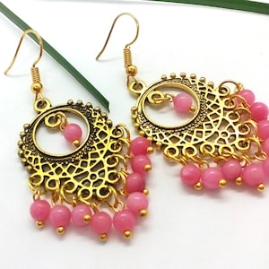 Boucles d&#39;oreilles en jade rose, Boucles d&#39;oreilles en jadéite rose, Boucles d&#39;oreilles en pierre rose, Boucles d&#39;oreilles en or avec perles roses, Bijoux en jade rose, Boucles d&#39;oreilles en pierres précieuses roses