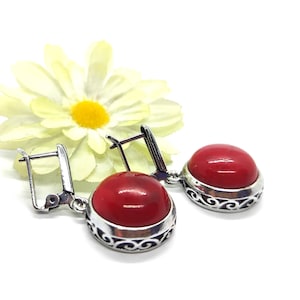 Red Coral Earrings, Boho Dangle Earrings for Women,  Handmade Natural Gemstone Jewelry,  Gift for Her or Mom, Red Coral Silver Jewelry
