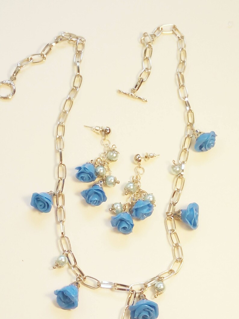 Blue Rose Jewelry Set Blue Flower Necklace Blue Gift Pearl Gift Set Blue Rose Polymer Clay Blue Rose Earrings Blue Necklace