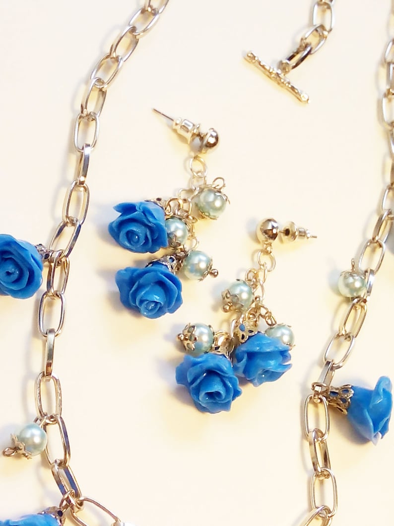 Blue Rose Jewelry Set Blue Flower Necklace Blue Gift Pearl Gift Set Blue Rose Polymer Clay Blue Rose Earrings Blue Necklace