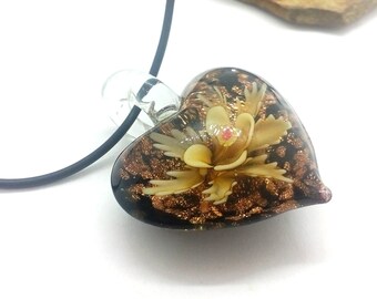 Aqua Gold Heart Handmade Lampwork Murano Glass Bead Pendant Ribbon Necklace Cord Aqua Gold Heart Handmade Lampwork Murano Glass Bead Pendant Ribbon Necklace Cord