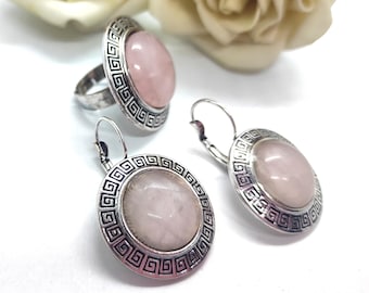 Rose Quartz Silver Jewelry Set, Rose Quartz Boho Silver Earrings, Rose Quartz Ring, Rose Quartz Jewelry,  Pink Crystal Earrings,Pink Crystal