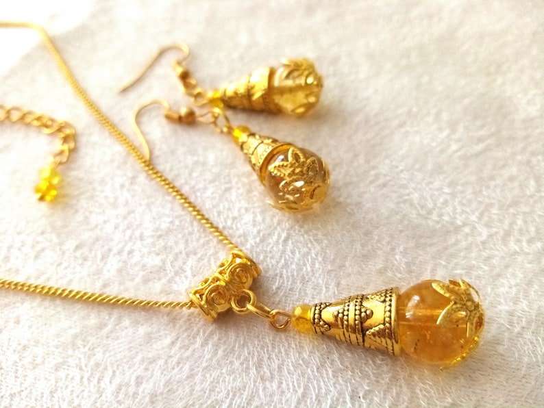 Citrine Gold Earrings Citrine Gold Necklace Yellow Crystal Earrings Citrine Jewelry Set Citrine Earrings and Necklace Jewelry Set