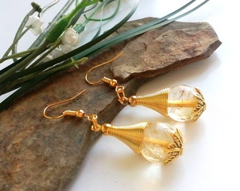 Citrine Earrings, Citrine Jewelry, Gold Stone Earrings, Gold Crystal Earrings, Yellow Bead Earrings, Gold Earrings, Earrings Natural Stone
