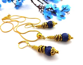 Conjunto de joyas lapislázuli, joyería lapislázuli, pendientes lapislázuli, collar lapislázuli, joyería de piedra azul, joyería de cuentas azules, azul dorado