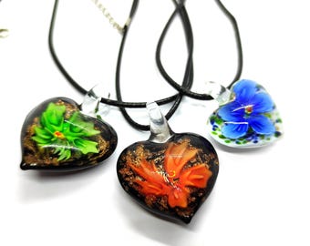 Murano-bloemhart, muranoglas ketting, hartketting, muranoglas sieraden, glazen hart, glazen ketting, muranoglas hanger