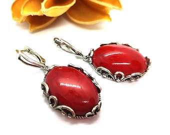 Orecchini di corallo rosso, gioielli di corallo rosso, orecchini di pietre preziose rosse, gioielli di corallo rosso per le donne, orecchini di corallo d'argento, orecchini di perline rosse, corallo