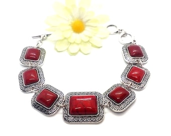 Pulsera de plata Coral Boho, pulsera de declaración de coral étnico, pulsera de coral rojo tibetano, pulsera de coral del Tíbet, pulsera de declaración de coral rojo