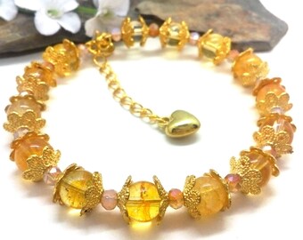 Citrine Bracelet, 7mm Citrine Bracelet, Gold Crystal Bracelet, Citrine Bangle Bracelet, Citrine Jewelry, Yellow Bead Bracelet, Citrine Beads
