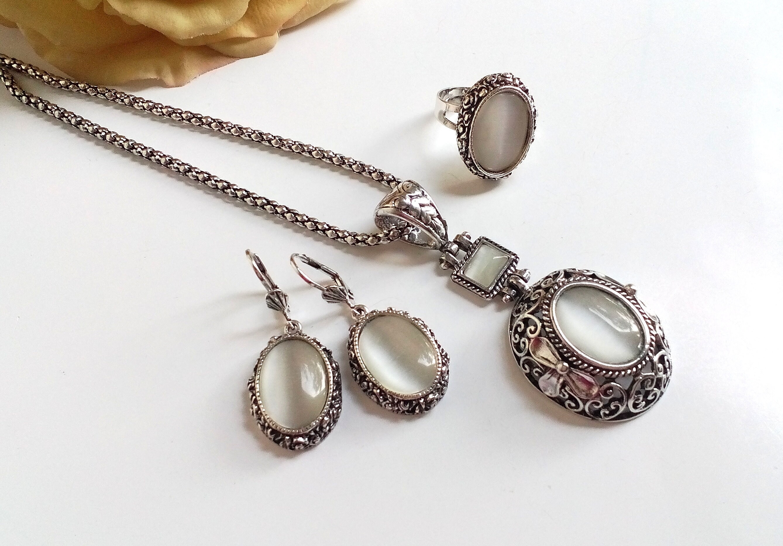 Cat Eye Jewelry Set White Jewelry Set White Cat Eye Jewelry Etsy