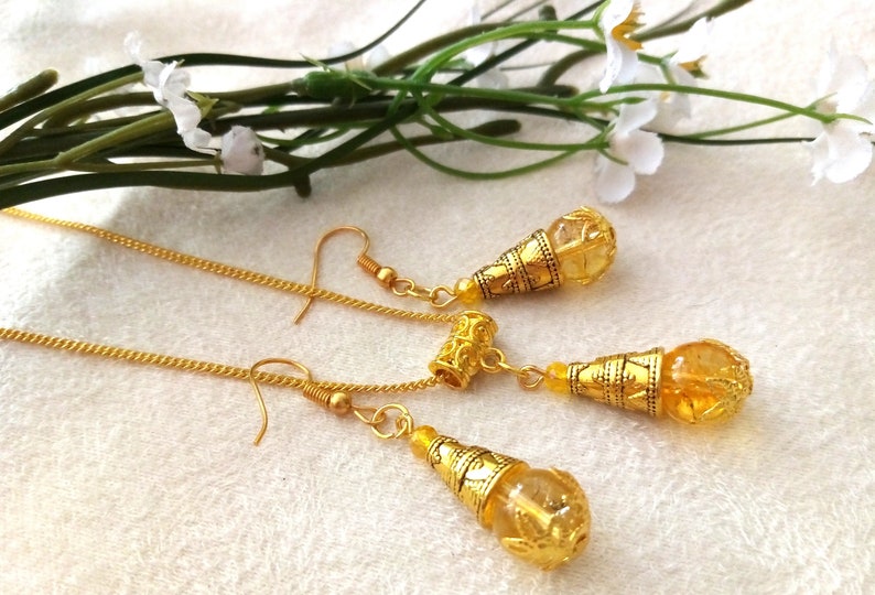 Citrine Gold Earrings Citrine Gold Necklace Yellow Crystal Earrings Citrine Jewelry Set Citrine Earrings and Necklace Jewelry Set