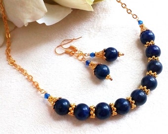 Conjunto de joyas lapislázuli, joyería lapislázuli, pendientes lapislázuli, collar lapislázuli, joyería de piedra azul, joyería de cuentas azules, azul dorado